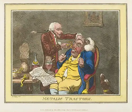 Hand-coloured etching depicting the use of Perkins' tractors