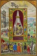 Fourth Treatise: dragon with three heads—one white, one black, one red— in glass vessel. Scene blow silver heavenly chariot turning gold, driven by a king bearing the sign for Leo on its wheel.