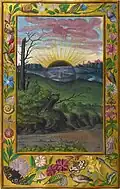 Fifth Treatise: the sun, bearing a human face, sets over a darkened, semitransparent landscape with a walled city visible in the distance. The foreground is dominated by felled trees.