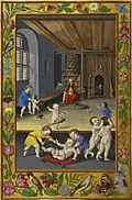 Fifth Treatise: mostly naked tiny men shown chaotically playing in a room.