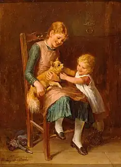 Geschwisterpaar spielt mit dem Hündchen (Siblings Play with the Puppy)
