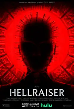 The silhouette of the pinned-head Priest stands in front of a background resembling the mechanical puzzle box, all lit in red.