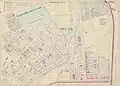 A tan, pink, and green map showing the Upper Hill District and North Oakland Pittsburgh neighborhoods in 1904. The Herron Hill pumping station is visible on the map as a pink structure between Dithridge and Dollar streets.