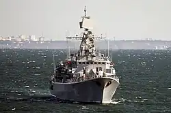 Krivak class frigate Hetman Sahaydachniy was the flagship of the Ukrainian navy until scuttled in Mykolaiv on 28 February during the 2022 Russian Invasion of Ukraine to prevent its capture by Russian forces.[77]