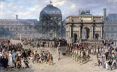 Military review in front of Napoleon's new triumphal arch in the courtyard by Hippolyte Bellangé, 1810