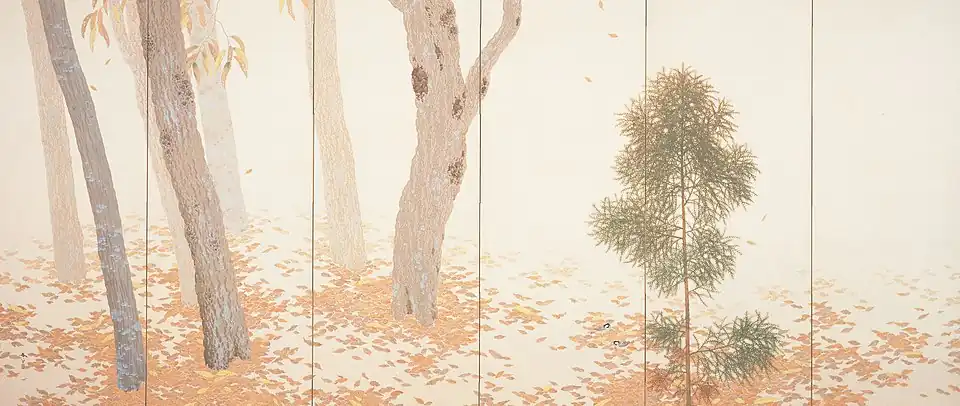 Left panel of the Fallen Leaves (落葉), 1909. Important Cultural Property.
