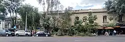 Photograph of a trees and vehicles along a building