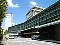 Facade of modernist concrete hotel building