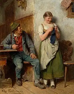 Interior with a forester's assistant and a girl knitting, 1889