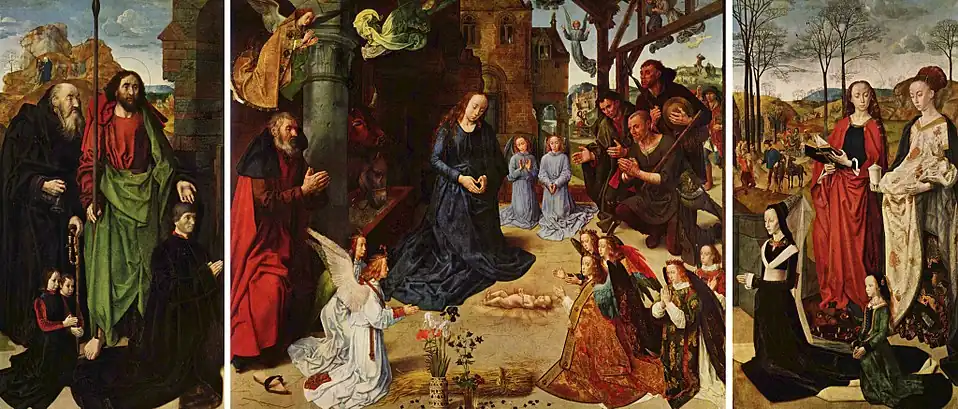 Portinari Altarpiece, Flemish painter Hugo van der Goes for the church of the hospital of Santa Maria Nuova in Florence in Italy, c. 1475.