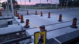LRT tracks laid at Sandstone Drive&nbsp;/ Brunel Road in August 2023