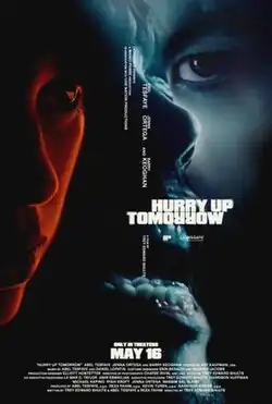 Close ups of the partially obscured faces of Jenna Ortega, Abel Tesafye, and Barry Keoghan's characters are superimposed onto each other; Ortega's face is bathed in red lighting, while the others have blue lighting.