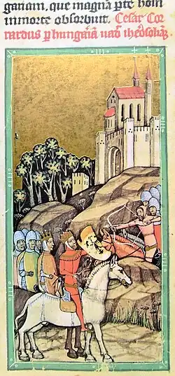 Chronicon Pictum, Hungarian, Hungary, riding, Emperor Conrad III of Germany, King Louis VII of France, knights, Second Crusade, crusaders, crusader army, eagle, shield, German coat of arms, archer, white horse, church, medieval, chronicle, book, illumination, illustration, history