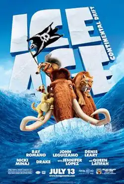 A group of animals adrift on an iceberg, surrounded by high waves.