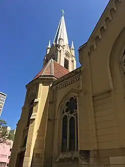 Rear view of Martin Luther Lutheran Church front tower