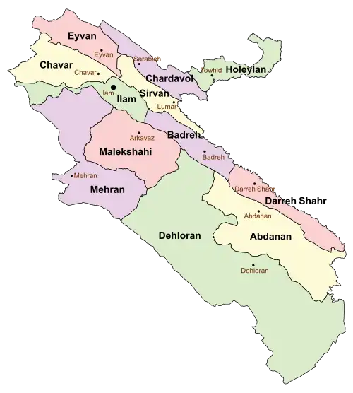 Location of Chavar County in Ilam province (top left, yellow)