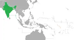 Map indicating locations of India and Tuvalu