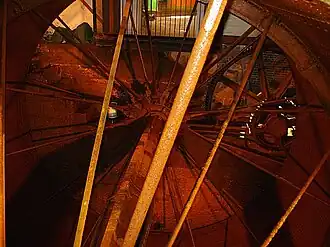 A view inside the largest water wheel in the United Kingdom. It is still working today, powering the looms.