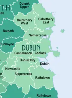 Barony map of County Dublin, 1900; Nethercross barony is in the north.