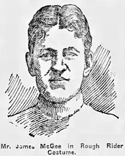 Black and white newspaper sketch of McGee with the caption - Mr. James McGee in Rough Rider Costume.