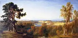 oil painting, trees on either side, looking down into a valley and towards the sea