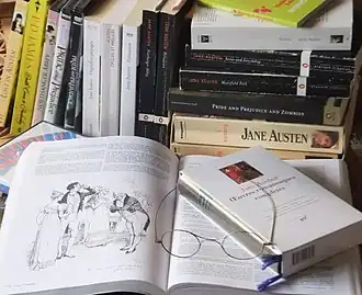 A mini-library of Jane Austen's novels, including French translations, adaptations and spin-offs.