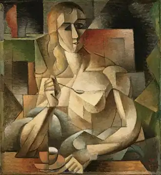 Jean Metzinger, 1911, Le goûter (Tea Time), oil on canvas, 75.9 x 70.2&nbsp;cm, Philadelphia Museum of Art. Exhibited at the 1911 Salon d'Automne. Published in Fantasio, 15 October 1911, Du "Cubisme", 1912, Les Peintres Cubistes, 1913, and in La Veu de Catalunya, 1 February 1912. André Salmon dubbed this painting "The Mona Lisa of Cubism"