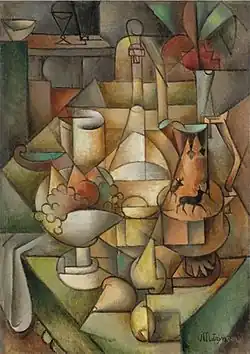 Jean Metzinger, ca 1911, Nature morte (Compotier et cruche décorée de cerfs), oil on canvas, 93.5 x 66.5&nbsp;cm. Exposició d'Art Cubista, 1912