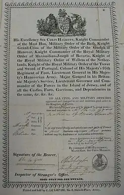 This passport issued in 1827 lists Halkett's titles