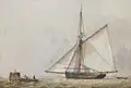 "A trading cutter shortening sail as members of her crew carry a mooring rope to a wooden dolphin nearby", pen, Indian ink and watercolour