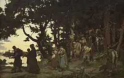 The columns of Gediminas can be seen on the banner within the forest.