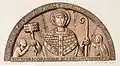The Egmond Tympanum, depicting Saint Peter between Dirk VI, Count of Holland, and his mother and Countess Petronilla (chromolithograph of 1860/61)
