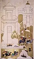 Khusrau leaving Shirin's palace (folio 82v)