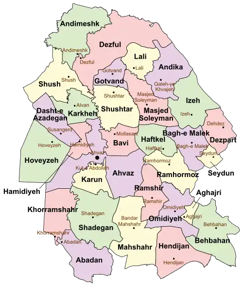 Location of Dasht-e Azadegan County in Khuzestan province (center left, purple)