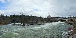 Cataraqui River at Kingston Mills, with blockhouse in centre-right