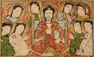 Kitâb al-Diryâq, 1198–1199, folio 24. Royal court detail, ruler in Turkic dress, wearing the sharbush hat.[89]