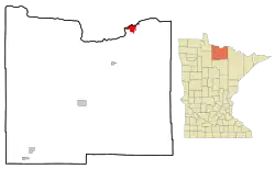Location of International Falls within Koochiching County and the U.S. state of Minnesota
