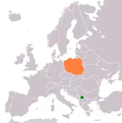 Map indicating locations of Kosovo and Poland