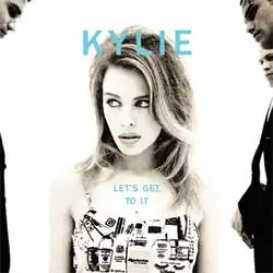 A black-and-white image of Minogue sporting a 1960s-style bouffant and looking away from the camera, with three men partially shown in the background