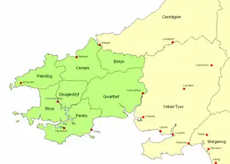 Map showing Dyfed, after the late 7th century, showing its seven cantrefi.