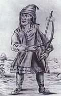 311.121.221. Flanders, 1600s. La Bass de la Flanders, in which the pig's bladder is attached to a handheld instrument, a musical bow.
