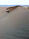 House buried by the dunes that break away from the dry lake in the background.