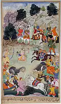 Lava and Kushu engage Lakshmana in battle. Artist: Makara, Edwin collection