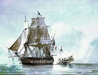 A line drawing depicting a badly damaged ship lying stern on to an even more badly damaged ship. The second ship is firing on the first through a thick bank of smoke.