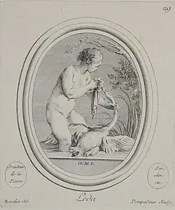 Leda; engraved print by Madame de Pompadour of a drawing by Boucher, after an engraved gemstone by Guay c. 1755.
