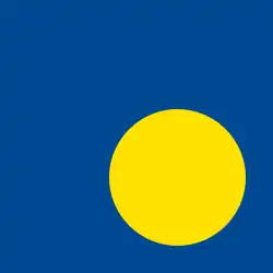 A yellow circle in the bottom right of a blue square