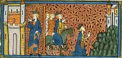 A crowned man standing at the walls of a town; the same man is riding; the same man is praying.