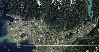 Landsat image of Fraser Valley. Sediment deposited by the Fraser River is clearly visible to the west.