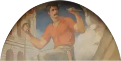 Man holding chisel and mallet, chiseling marble ornamentation. In background is a corner of the Minnesota State Capitol building.