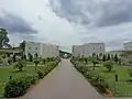 Mosque compounds, with the multipurpose hall (left) and administrative office (right) in the background. The domed structure at the far back is the security's post.